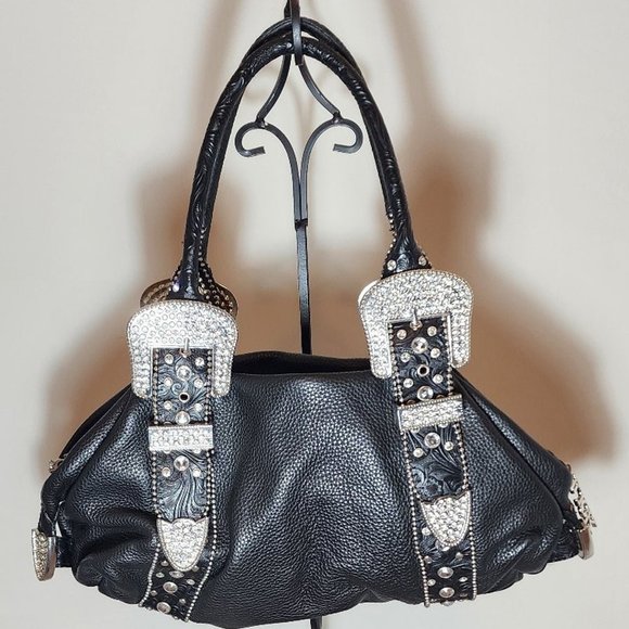 Charm and luck black genuine learher weatern rhinestone buckle handbag - Picture 4 of 6
